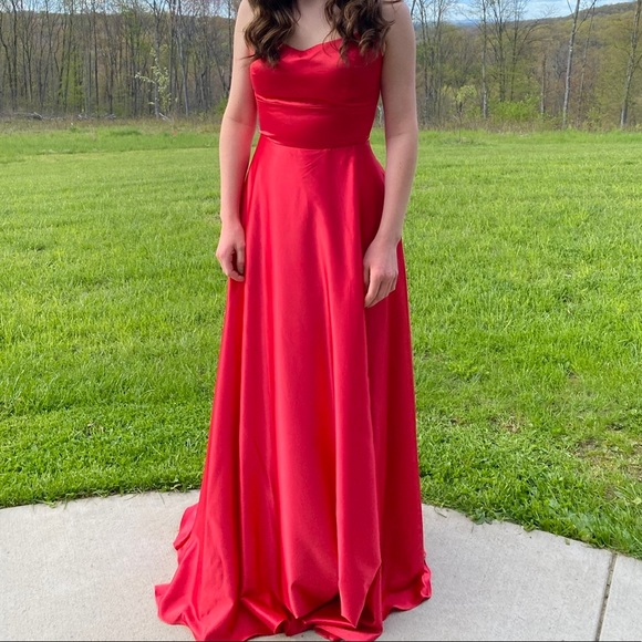 Macy's | Dresses | Elegant Size 46 Red Prom Dress With Tie Up Open Back  Satin Material With Slit | Poshmark